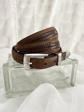 Brighton ONYX mens 44 Belt Brown Leather Western Silver Buckle Whip Stitch